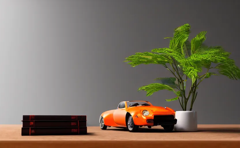 Image similar to a small miniature of a orange Toyota TE27 on a white table near a book and a vase with a plant, hyperrealistic, concept art, octane render, unreal engine 5, path tracing, complementary colors, calm, relaxing, serene, product photo, centered, symmetrical