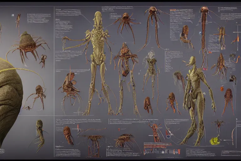 Image similar to schematic diagram of alien boss, biology, book, page, detailed, cross section, trending on artstation, cgsociety, Ralph McQuarrie and Greg Rutkowski and mobius