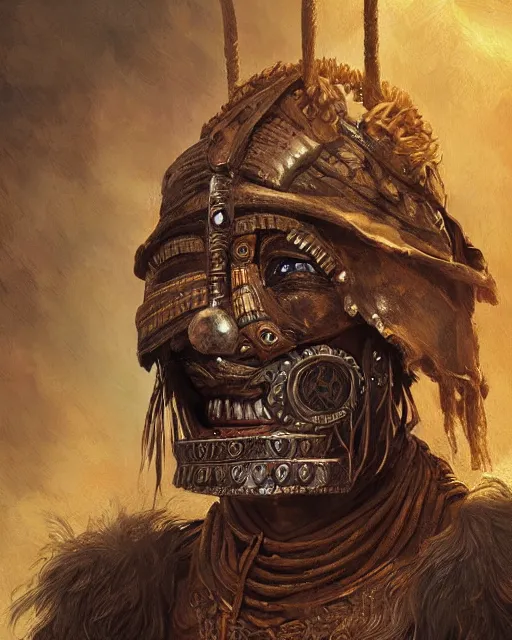 Prompt: digital painting of horrifying masked incan warrior, by filipe pagliuso and justin gerard, symmetric, fantasy, highly detailed, realistic, intricate, portrait, sharp focus, tarot card, face, handsome, peruvian