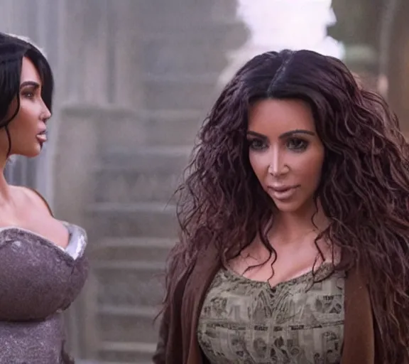 Image similar to a movie still of kim kardashian speaking to hagrid in the movie harry potter