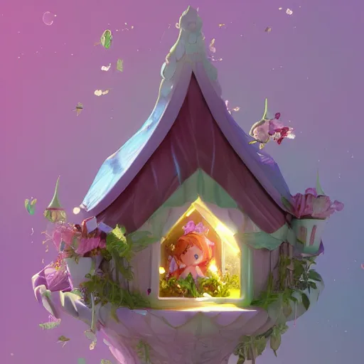 Image similar to a tiny cute fairy in a flower house, cute, adorable, volumetric light, octane render, trending on artstation