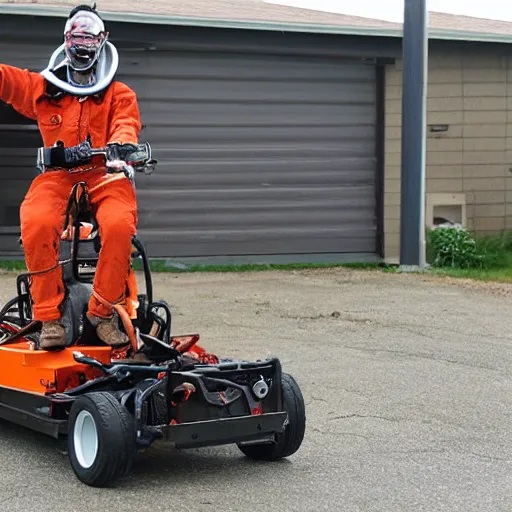 Prompt: chainsaw arm guy in a gocart