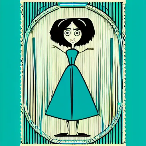 Image similar to “1950s art deco of the movie ‘Coraline’, vector line art, teal palette.”
