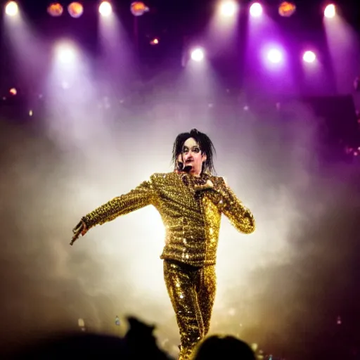 Image similar to michael jackson standing on stage live at the indoor o 2 arena wearing a sparkling gold and diamond outfit with large thin shoulder pads doing a concert, multiple flashing lights and colorful spotlights, beautiful photography, cinematic, award - winning photo, highly detailed, this is it