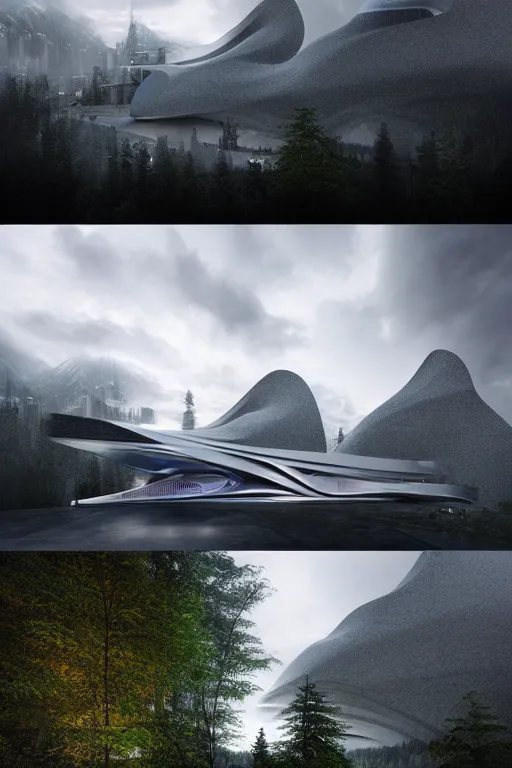 Image similar to a futuristic scene in front of a zaha hadid building in the forrest of the french alps in the style of chris moore, stormy moody weather, cinematic matte painting, extreme detail 8 k photo quality, pastel hues, snowfall, featured on behance