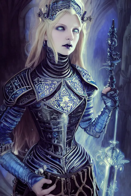 Image similar to beautiful luxury and gothic and victorian and evil medieval female blue & white armor knight portrait+smoky eyes+light flowing hair, in ruin gothic cathedral, ultradetail face, art and illustration by tian zi and craig mullins and WLOP and alphonse mucha, fantasy, intricate complexity, human structure, fantasy world concept, watermark, blurry, hyperrealism 8k