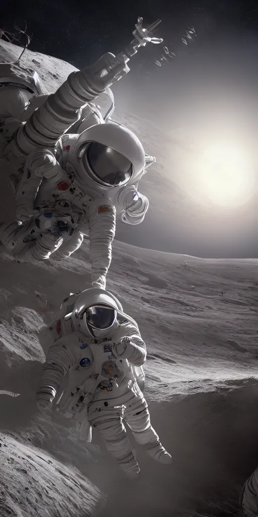 Image similar to concept art, chinese astronauts landing on the moon, backlight, f 3 2, high detail, octane rendering, unreal engine.