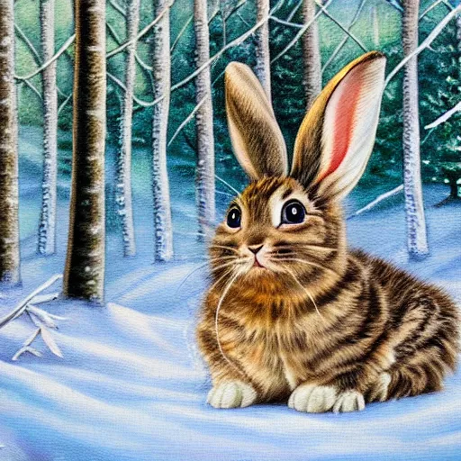 Image similar to hybrid animal mix between cute fluffy tan lop eared bunny rabbit and fluffy grey striped tabby kitten in winter forest landscape detailed painting 4k