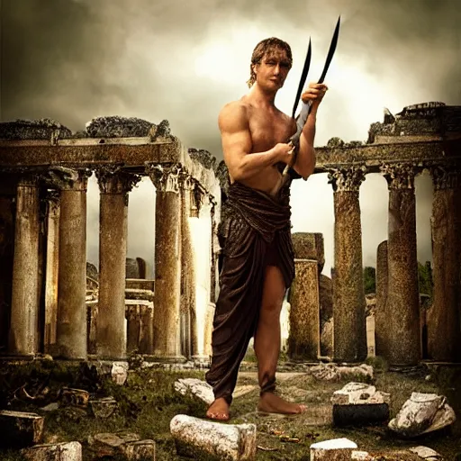 Image similar to Achilles holding a spear, standing in ruins, fallen columns, tom chambers photography