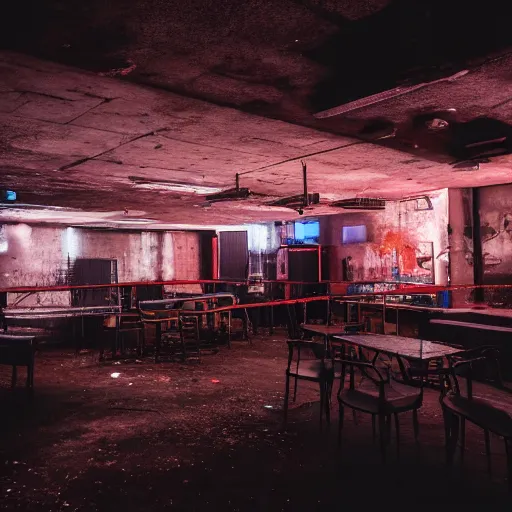 Image similar to photograph of the inside of a rundown hidden club filled with people on a busy night, closeup, brutalist design, cyberpunk, sigma 85mm f/1.4, 4k, depth of field, high resolution, 4k, 8k, hd, full color