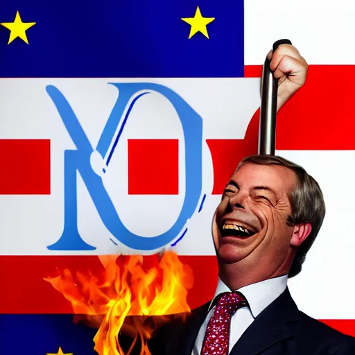 Image similar to nigel farage laughing and holding a burning eu flag, studio photograph, hd, studio