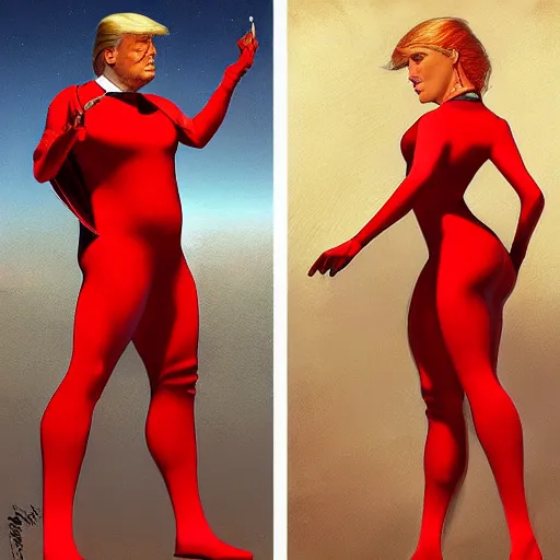 Image similar to trump wearing a skintight red mechanics jumpsuit, intricate, elegant, highly detailed, digital painting, artstation, concept art, smooth, sharp focus, illustration, art by artgerm and greg rutkowski and alphonse mucha, 8 k