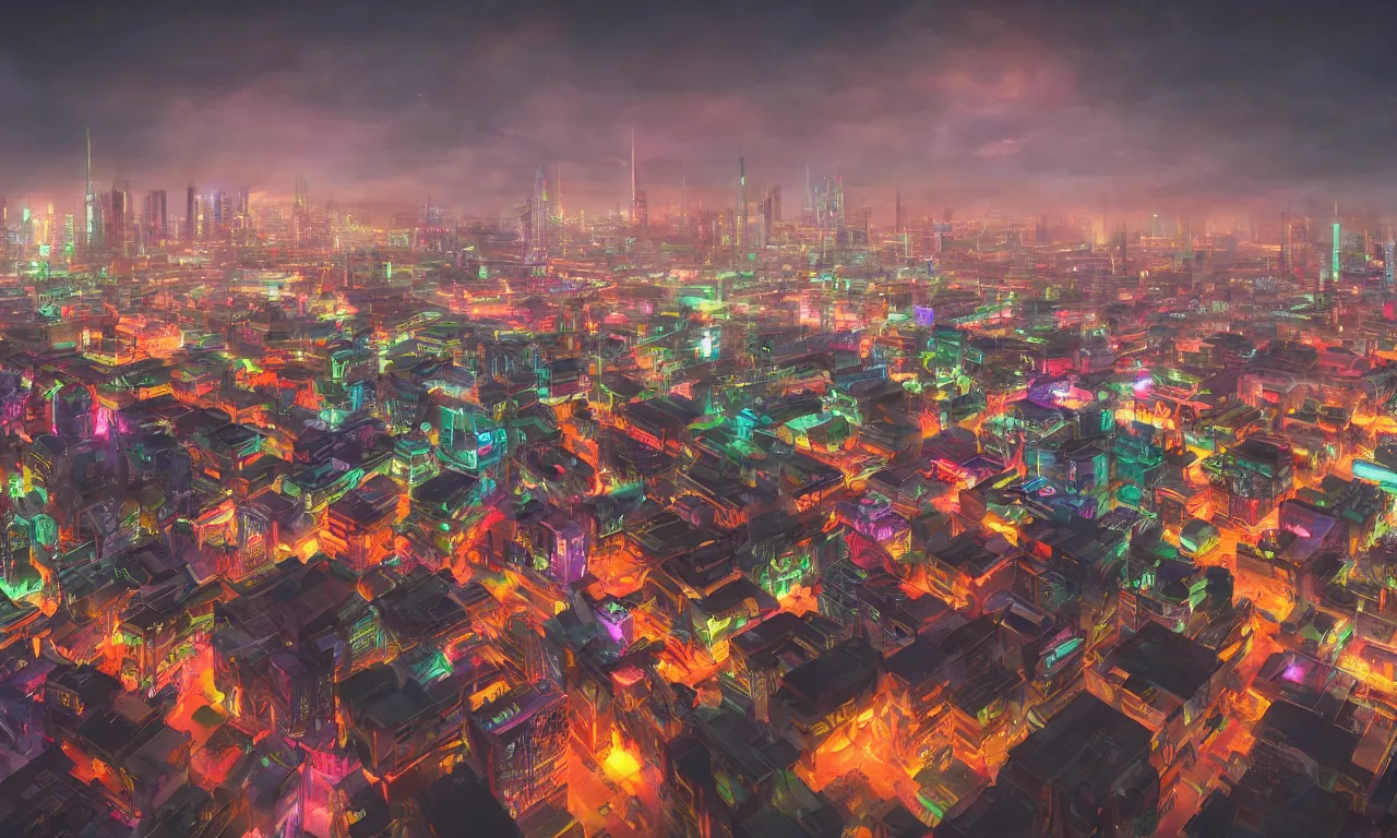 Image similar to drone view colorful photograph of a futuristic city, science fiction, night lights, beautifully lit buildings, mystic hues, distant, sharp focus, volumetric lights, digital art, RTX, hyperrealistic, cinematic, by lee madgwick