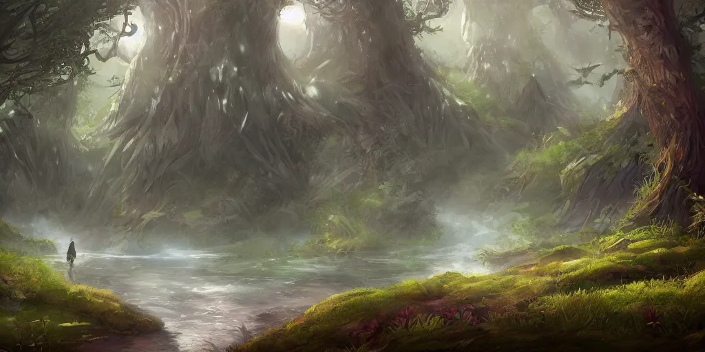 Image similar to digital painting of a fantasy forest, artstation, wallpaper, hd, bushes, river, fantastic creatures, depth of field