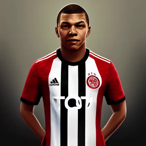 Image similar to portrait of mbappe wearing a ajax jersey, artwork by charlie bowater