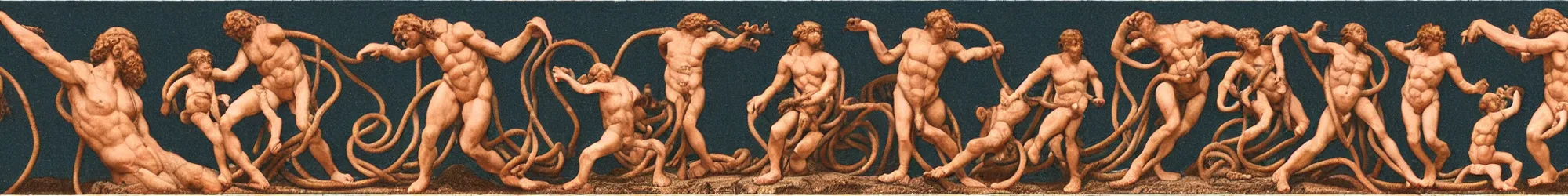 Prompt: long line-up of laocoon and his sons struggling with color coded network cabling, intertwined full body view, colorized postcard photography, white background