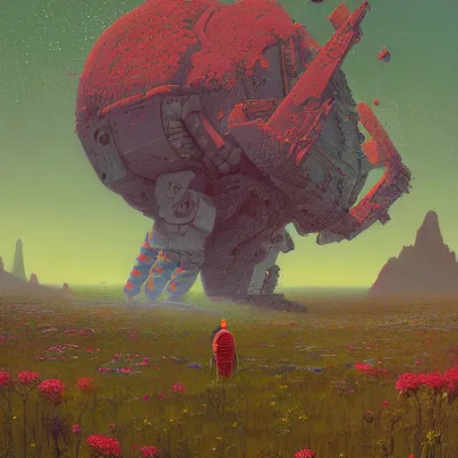 Image similar to a fantastic hyperdetailed 3 d matte painting of a giant robot partially covered in overgrowing wildflowers on an alien planet under arctic moonlight by moebius by beeple by by jakub rozalski by paul lehr by dan mumford