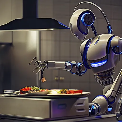 Prompt: a robot preparing a meal in a kitchen, cyberpunk, sci-fi, coherent like Dall-E 2