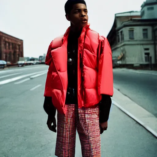 Prompt: realistic photoshooting for a new balenciaga lookbook, color film photography, portrait of a beautiful woman, outside location, model is wearing techtical vest, photo in style of tyler mitchell, 3 5 mm,