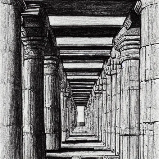 Prompt: The Great Hypostyle Hall of Karnak. detailed charcoal sketch.