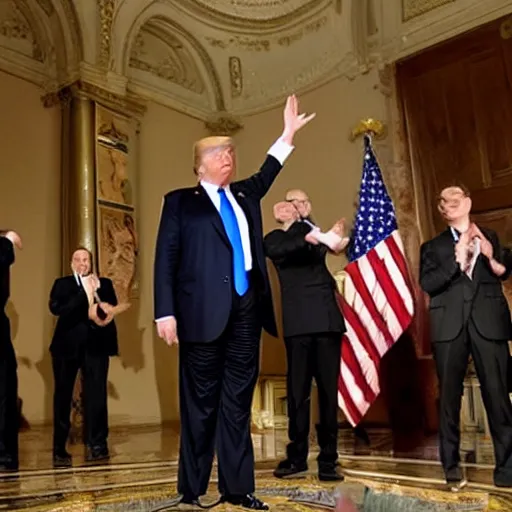 Prompt: Trump dabbing in front of the fallen united states of America