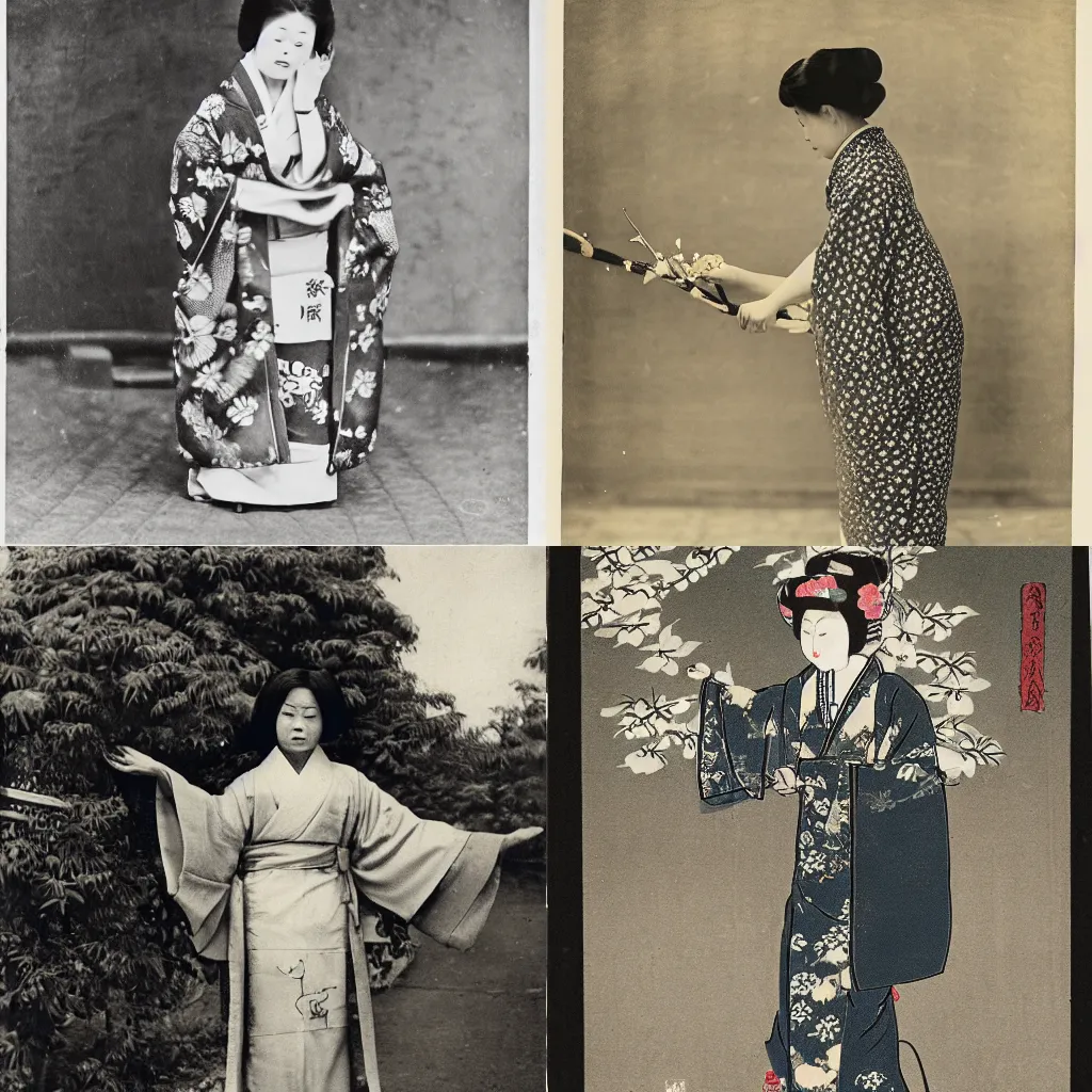 Prompt: a woman in kimono refuse demon offering gold, hulton archives