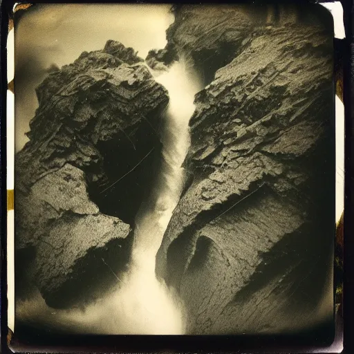 Prompt: a deep dark caldera with rushing water at the bottom, creepy, eerie, unsettling, terrifying, jagged rocks, dark, old polaroid, expired film,