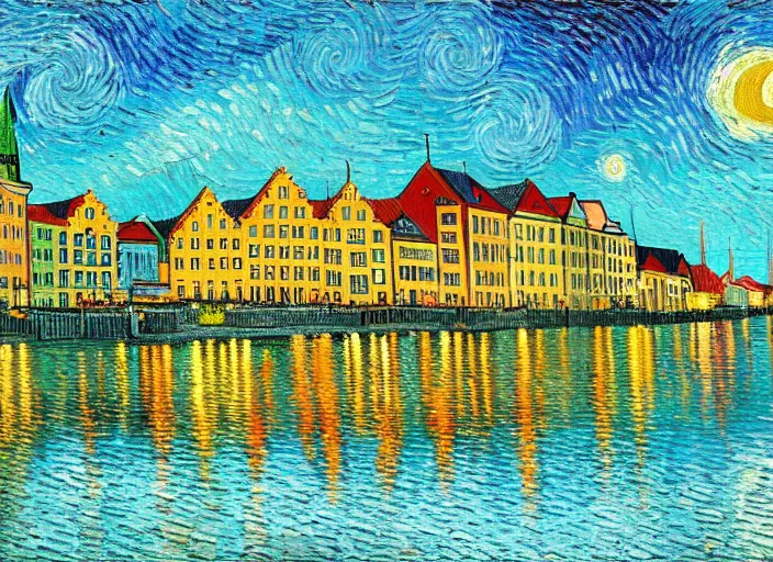 Image similar to a painting of the city of Rostock in the style of Vincent van Gogh