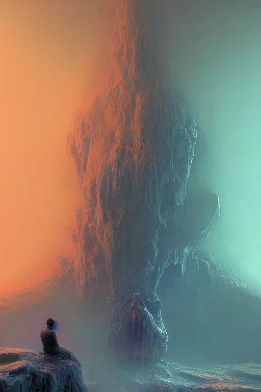 Image similar to 🔥::3, dreamlike, psychedelic, otherworldly, weird, cyberpunk, vaporware, interesting details, volumetric lighting, dramatic, fantasy, by Moebius, by zdzisław beksiński, Fantasy LUT, epic composition, 8k,