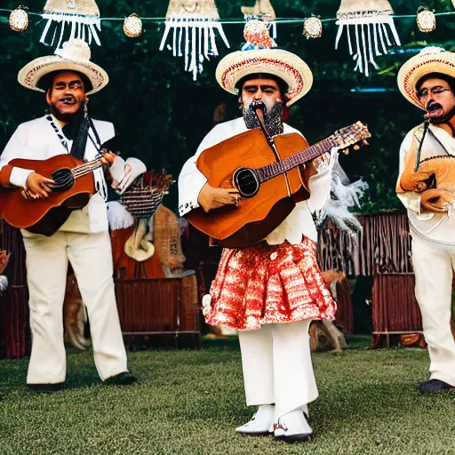 Image similar to a cream-colored Havanese shih tzu dogs dressed as mariachi musicians playing in a mariachi dog band, at fiesta in Mexico, Leica 35mm, 4K