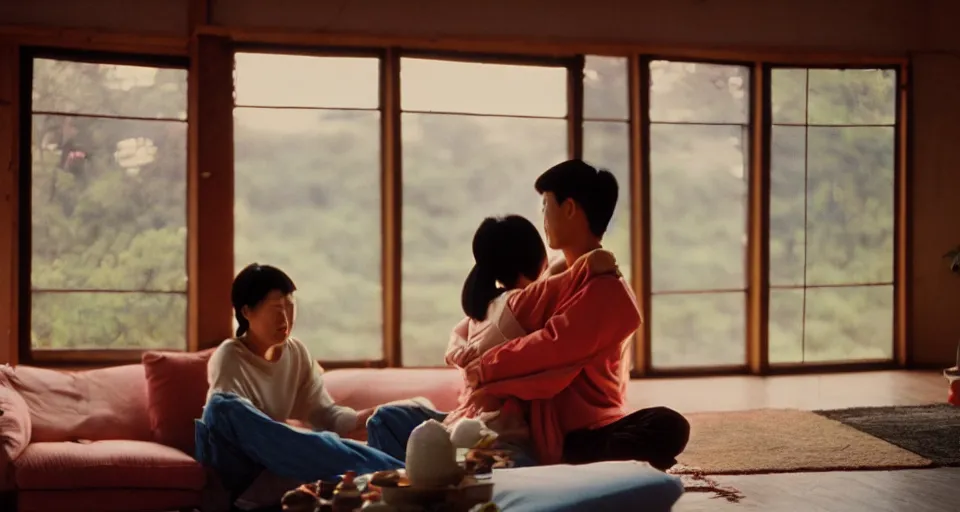 Prompt: 1 9 9 3, disposable camera, flash, pov, wide shot of asian couple hugging at each other, sitting in rural living room, group of mechanical fans placing around the room, day light, colorful mood, high details, octane render, 8 k