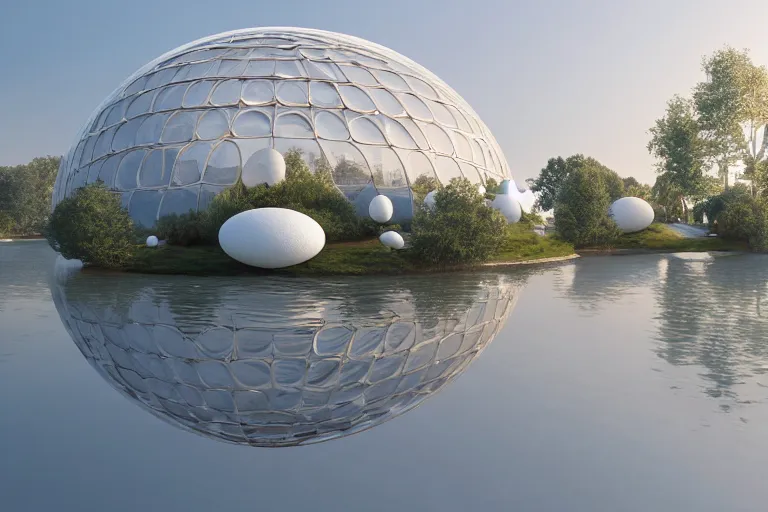 Image similar to a building formed by the intersection and fusion of many multi - white spherical and egg - shaped spaces. on the calm lake, people's perspective award winning, highly detailed 4 k art, dusk, unreal engine highly rendered, global illumination, radial light, internal environment by kazuyo sejima