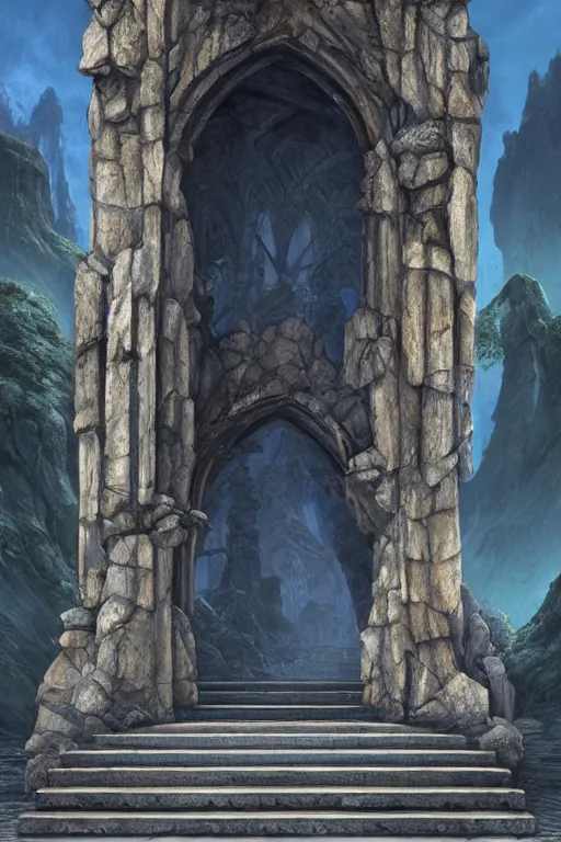 Prompt: matte painting of stone steps fantasy leading do a gothic doorway opened, artstation by emilia dziubak, will terry, greg olsen, chris mars, ann long, and mark brooks, gret ritkowski dramatic, architecture, colorful clean and sharp glossy, warcraft architecture