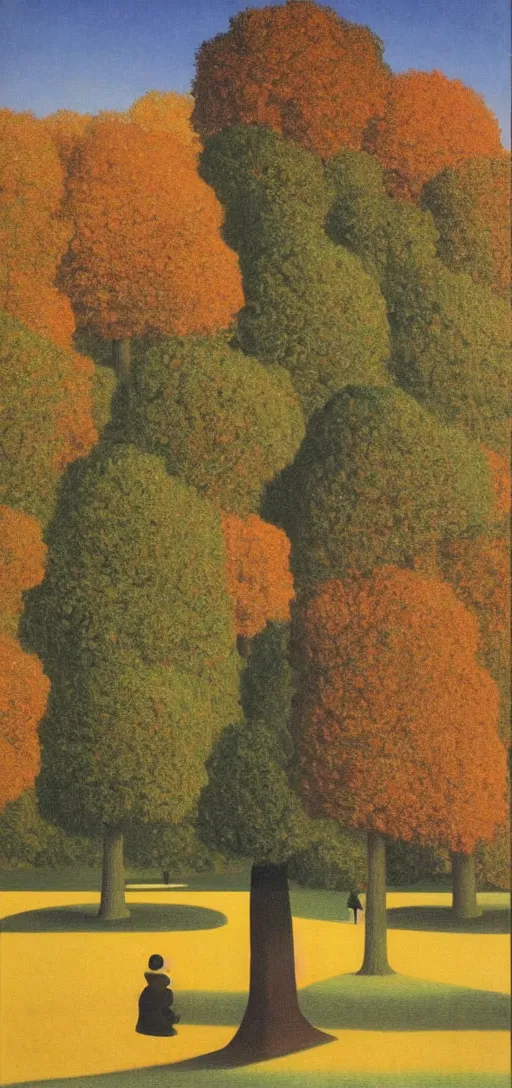 Image similar to Sunset on an autumn day in the park by Rene Magritte. Leaves falling. Shadows. Philosopher walking.