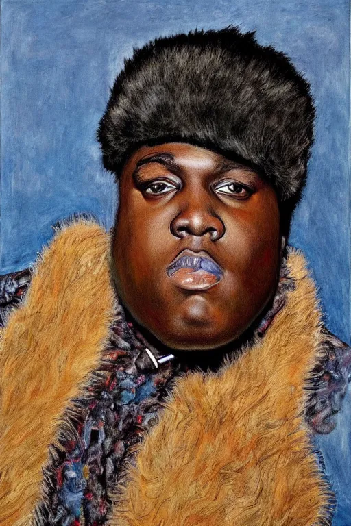 Image similar to a portrait of biggie smalls wearing boho - chic style clothes, with a fur muffler, full body!!, realistic painting in egon schiele style, masterpiece, hyperdetailed, complex, intricate, 4 k, trending on artstation