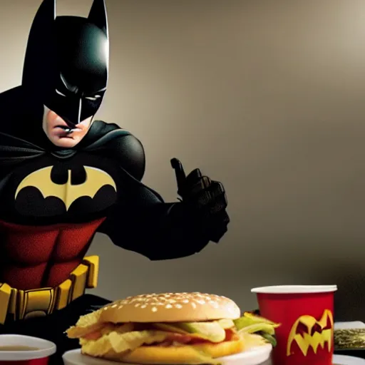 Prompt: A still of Batman eating a Big Mac, 4k, photograph, ultra realistic, highly detailed, studio lighting