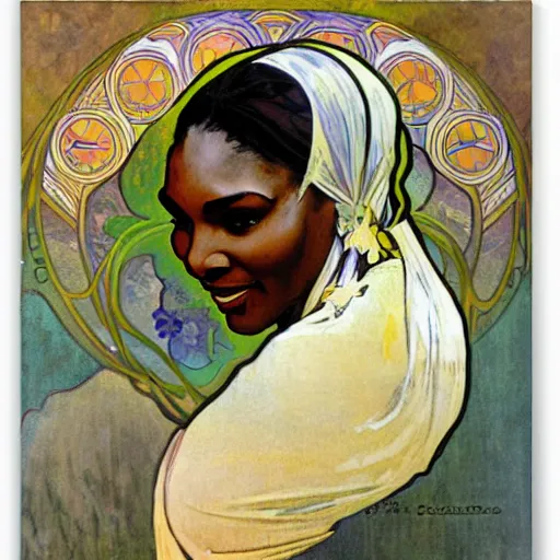 Image similar to Portrait of Serena Williams by Alfons Mucha