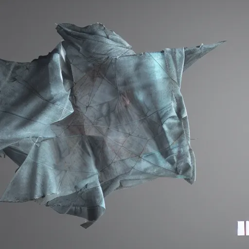 Image similar to hard surface 3d model of a scifi geometric angular structure, hidden behind torn cloth swirling violently, abstract cloth simulation, tattered fabric, rags, ragged, ephemeral, gradients, hyperdetailed, hyper realistic, Cozy, soft light, caustic, atmospheric fog, Octane Render, cinematic