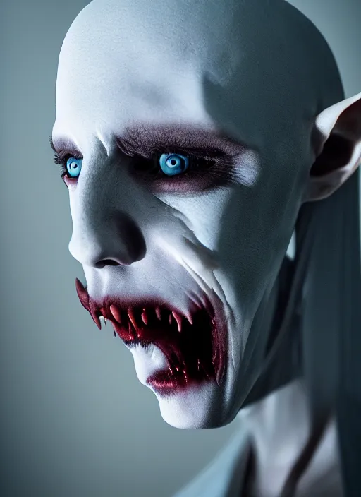 Prompt: vampire nosferatu, pale blue skin, portrait, extreme close up, photograph by elisabeth gadd, ultra detailed, realistic, dark, dramatic light, backlit