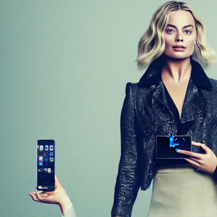 Image similar to margot robbie, holding iphone. very coherent symmetrical artwork. cinematic, high detail, octane render, 8 k, iridescent accents