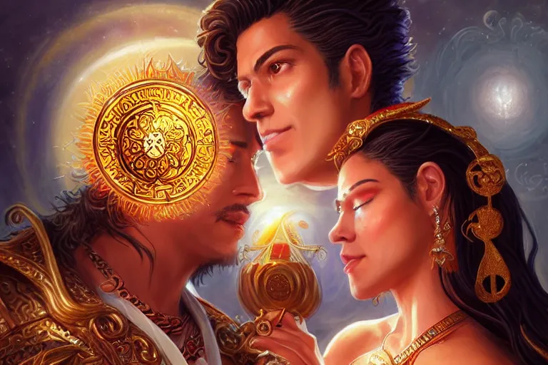 Image similar to close up moment of a divine a sun god and a moon goddess lovers magician at a wedding banquet, highly detailed, d & d, fantasy, highly detailed, digital painting, trending on artstation, concept art, sharp focus, illustration, art by artgerm and greg rutkowski and magali villeneuve