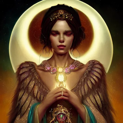 Image similar to A beautiful digital painting of a female Seraphim full of jewels, princess, the moon behind her, intricate, cinematic lighting, highly detailed, digital painting, Artstation, concept art, smooth, sharp focus, illustration, art by Tom Bagshaw, Artgerm and Greg Rutkowski