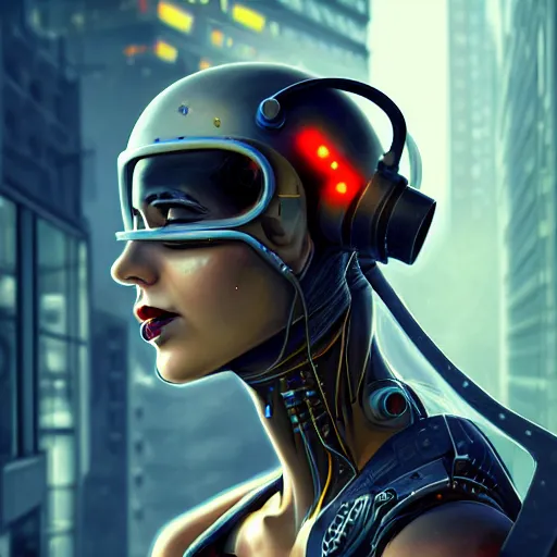 Image similar to Side view of a cyborg demon blond in cyberpunk headset and helmet on the street of a cyberpunk city, sci-fi, fantasy, intricate, very very beautiful, elegant, highly detailed, digital painting, artstation, concept art, smooth, sharp focus, illustration, art by Josan Gonsales