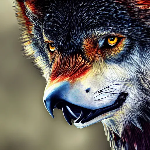 Prompt: a wolf eagle!!! hybrid!!, bold natural colors, masterpiece, trending on artstation, photograph, national geographic