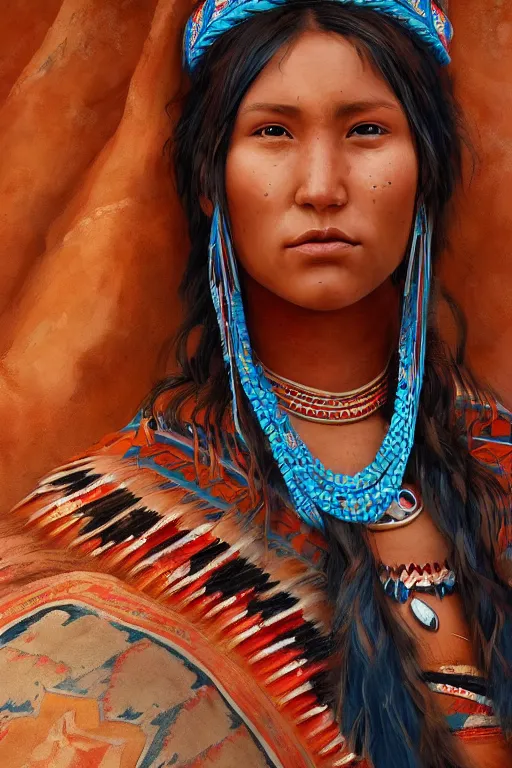 Image similar to beautiful young Navajo woman in a Navaho outfit, close-up portrait, intricate, high resolution, cinematic lighting, scenery, digital painting, highly detailed, artstation, sharp focus, illustration, concept art, ruan jia, steve mccurry and Irakli Nadar