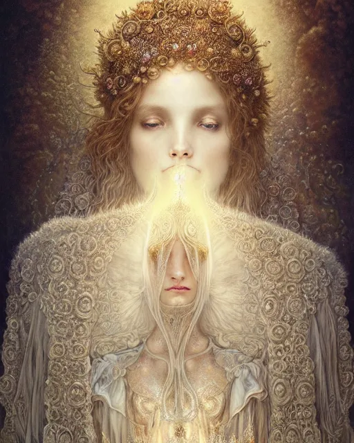 Prompt: Gustave dore and Anna Dittman beautiful ethereal maiden in a ivory mask intricate ornate fractal-lace and gemstones, wearing stunning ivory dress, ivory gold iridescent, full view, soft lighting, vivid, Hyperdetailed, 4k hd matte painting by Artgerm, Greg Rutkowski, Klimt, James Jean, 8k resolution, enchanting and otherworldly, Artstation, CGsociety, detailed, front view