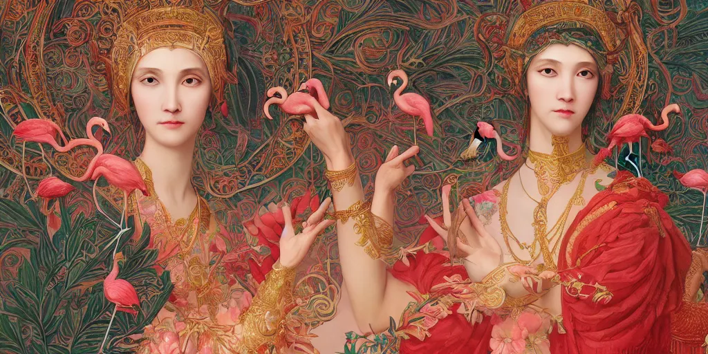 Image similar to breathtaking detailed concept art painting of the goddess of flamingo, orthodox saint, with anxious, piercing eyes, ornate background, amalgamation of leaves and flowers, by Hsiao-Ron Cheng and John James Audubon, extremely moody lighting, 8K