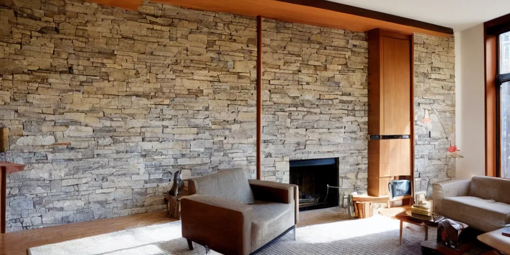 Image similar to interior of a small frank lloyd wright apartment with award winning stone work wall, photo