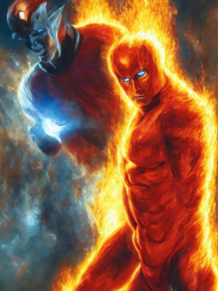 Prompt: human torch, close up, intricate, looking at camera, extremely detailed, sharp focus, concept art, illustration, sci-fi, volumetric lighting, art by Alex Ross