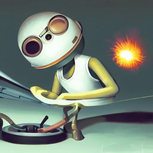 Prompt: little robed engineer working on a star cruiser engine, sparks flying, artwork by goro fujita
